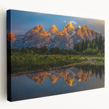 Grand Tetons landscape on stretched canvas, with vivid blue and green tones, suitable for kitchen wall art.