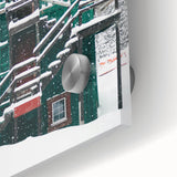 Large abstract wall art on acrylic glass featuring cool blue and white tones in a mid-century modernist style.