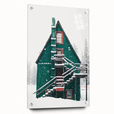 Large abstract wall art on acrylic glass depicting winter scene in muted blue and white.