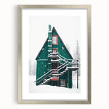 Textured abstract art print depicting a winter scene in muted blue and white tones, framed in silver, ideal for bedroom art.