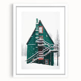 Abstract art print depicting a winter scene in muted blue and white tones on a framed canvas, suitable for dining room decor.