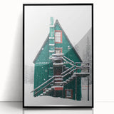 Large abstract wall art depicting a winter scene in muted blue and gray tones on a framed acrylic print.