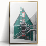Winter-themed large art print in mid-century modernist style, acrylic with gold frame, ideal for nursery wall decor.