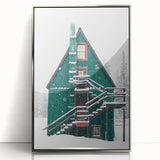 Mid-century modernist winter scene in muted blue and white tones, framed acrylic, ideal for nursery wall decor.