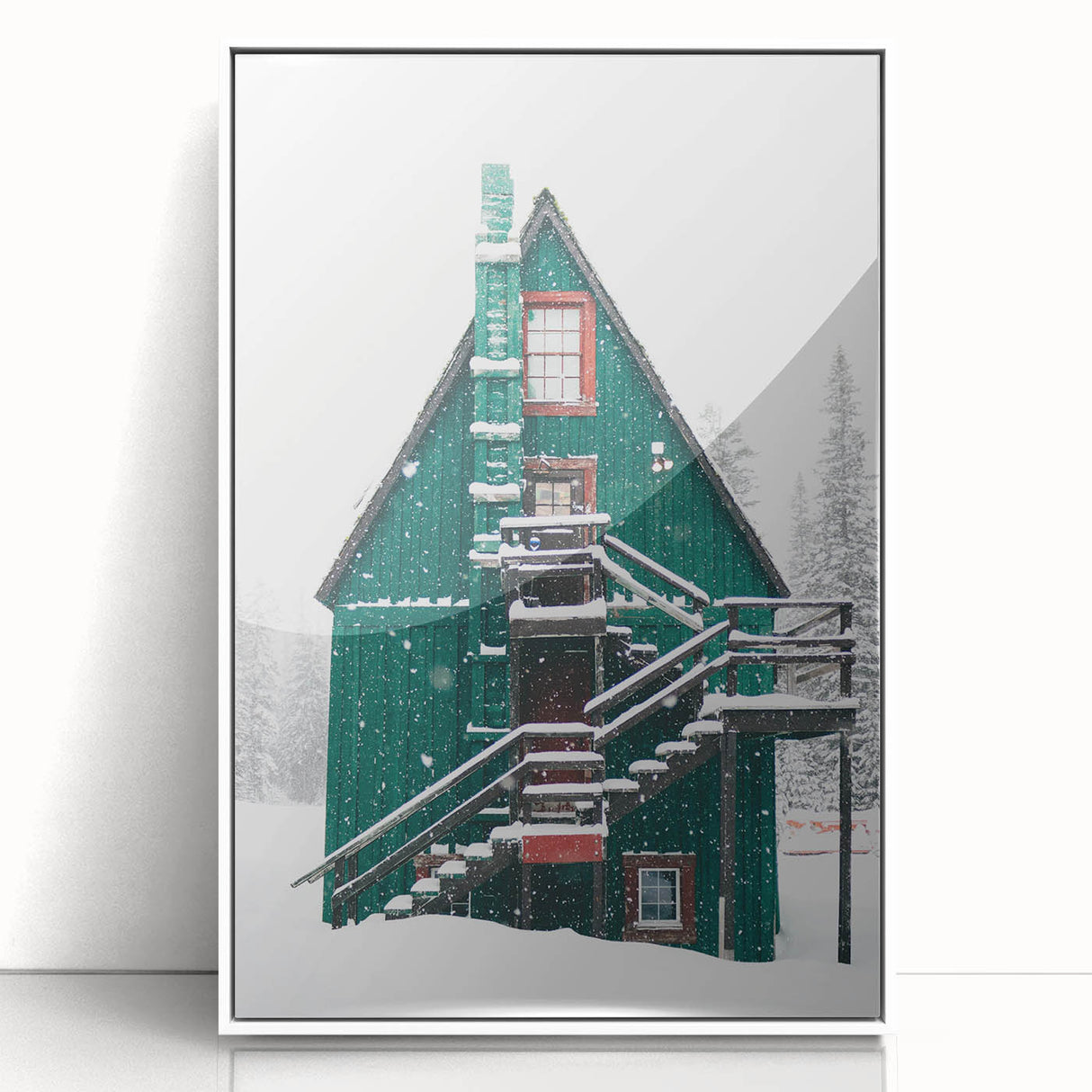 Art deco poster of a winter scene with muted blue and white tones on acrylic, ideal for nursery wall decor.