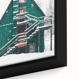 Framed canvas depicting a winter scene in textured black with colorful accents, ideal for large living room walls.