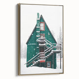 Winter landscape painting on framed canvas, featuring muted blue and white tones, ideal for bedroom wall art.