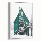 Vintage poster art of a winter scene on a framed canvas, featuring muted white and gray tones, ideal for living room decor.
