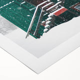 Art deco poster featuring a winter scene with cool blue and white tones on a rolled canvas, suitable for dining room decor.