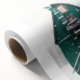 Art Deco poster of a winter scene on rolled canvas, featuring cool blue and white tones, ideal for nursery wall art.