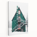 Winter scene with snow-covered trees on large stretched canvas, using cool blue and white tones, ideal for kitchen wall art.