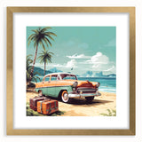 Extra large abstract art print featuring textured vehicles and transportation motifs in muted gold tones, framed with mat.