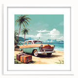 Abstract art print featuring assorted vehicles in vibrant colors on a white framed canvas, ideal for dining room decor.