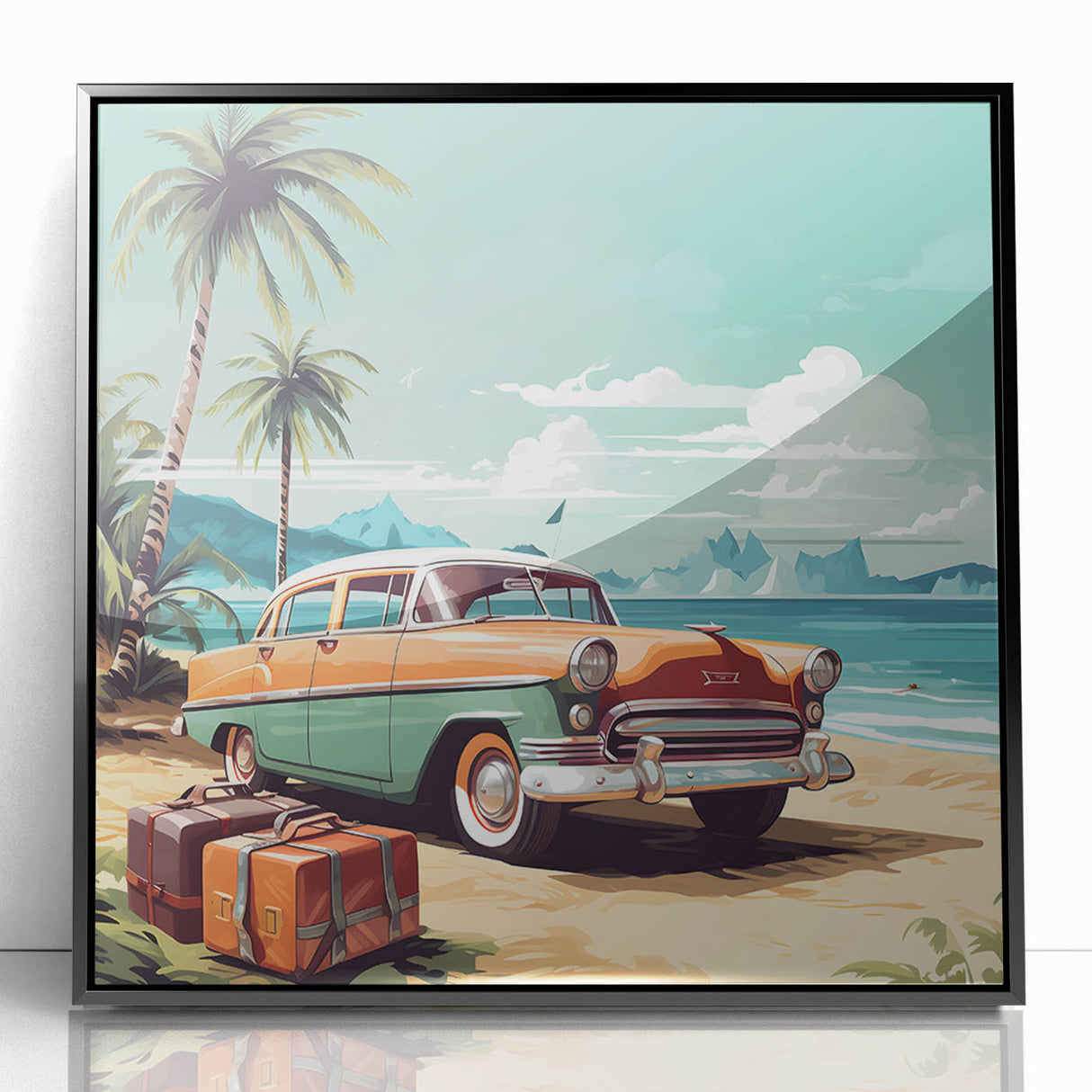 Large abstract wall art featuring mid-century modernist vehicles in black and white tones, acrylic print framed in black.