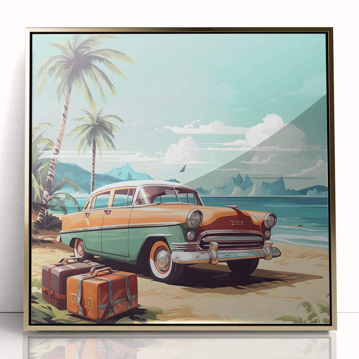 Framed acrylic print featuring a mid-century modernist design of colorful vehicles, ideal for nursery wall art.