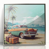 Mid-century modernist art featuring stylized vehicles in muted colors on a framed acrylic print.