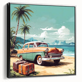 Framed canvas featuring a black and white vintage car in side profile, ideal for bedroom wall decor.