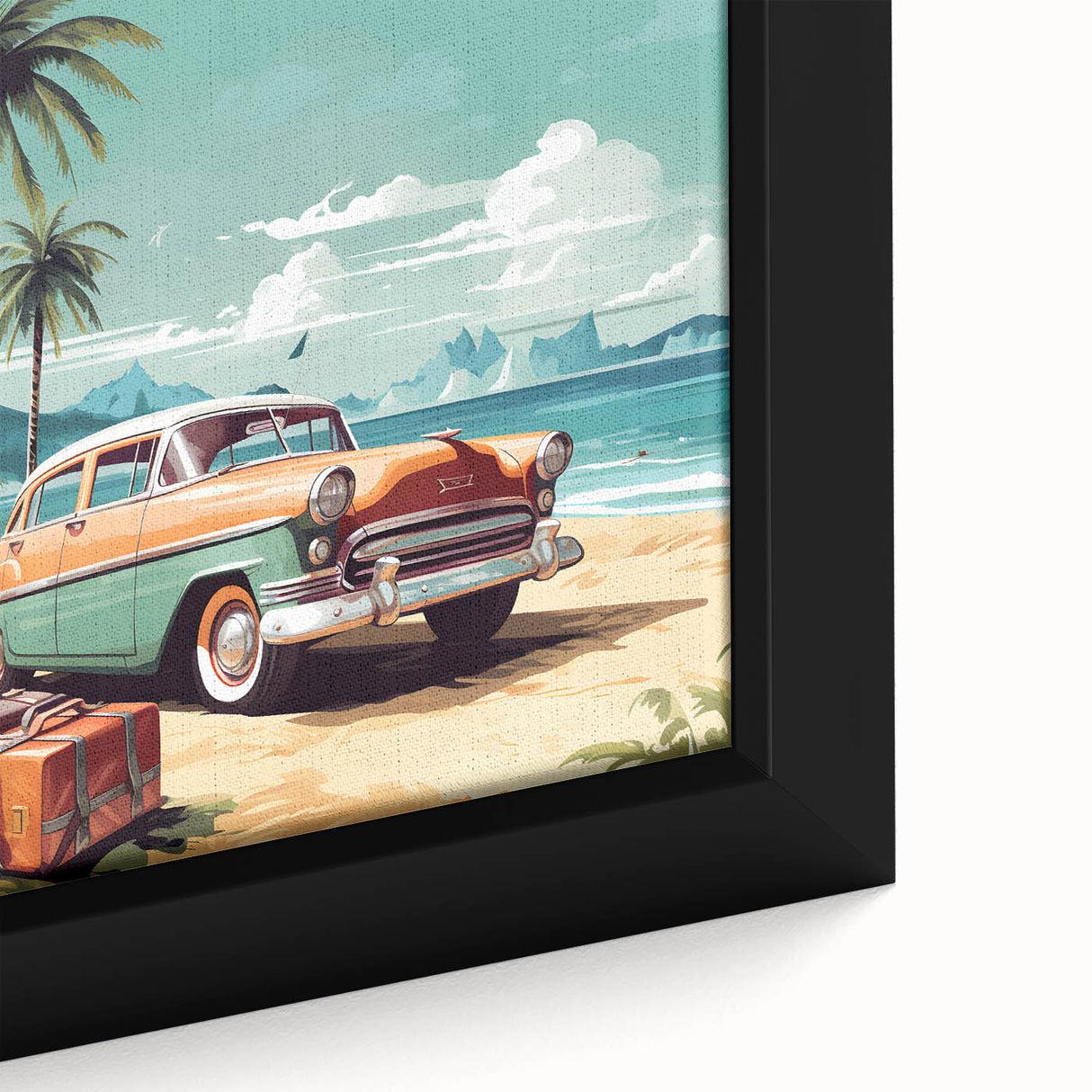 Extra large framed canvas featuring textured black wall art with colorful, abstract vehicles and transportation motifs.