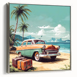 Framed canvas of a vintage car in silver, set against a black background with colorful abstract elements.