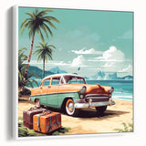 Vintage poster art of colorful vehicles in varied sizes on extra large framed canvas, ideal for living room decor.
