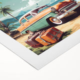 Art deco poster depicting vintage vehicles in muted earth tones on rolled canvas, suitable for dining room wall art.