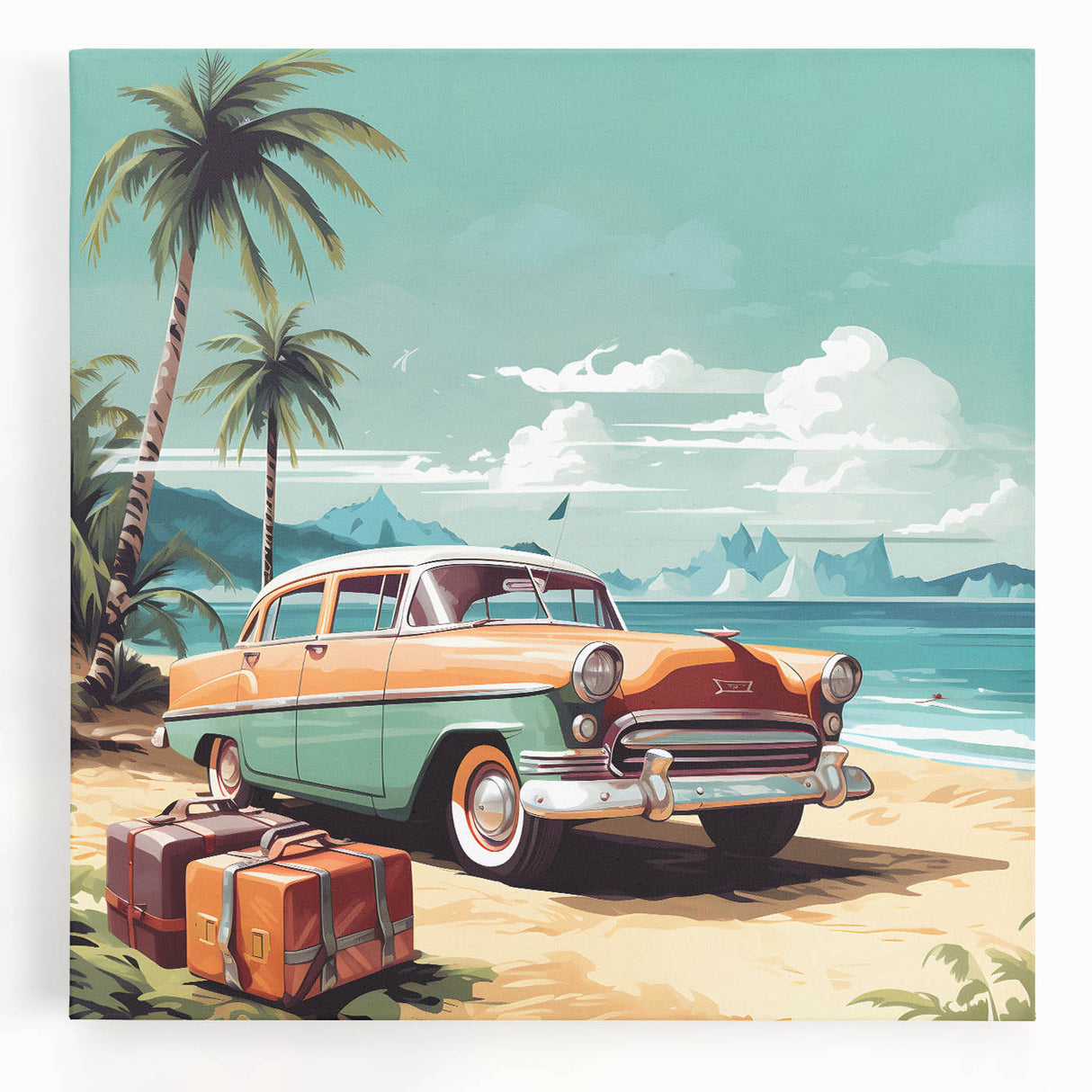 Black and white stretched canvas featuring a vintage car, ideal for kitchen wall art.