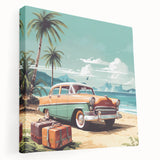 Large stretched canvas featuring a colorful array of vintage vehicles, ideal for kitchen wall art.