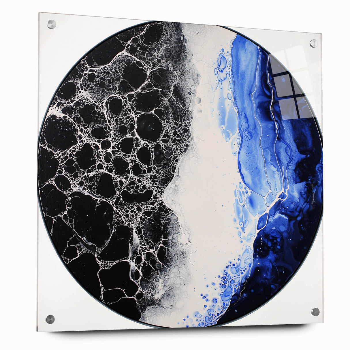 Abstract geometric acrylic glass design showcasing vibrant colors and intricate patterns, viewed from the side with visible pins, ideal for modern home decor.