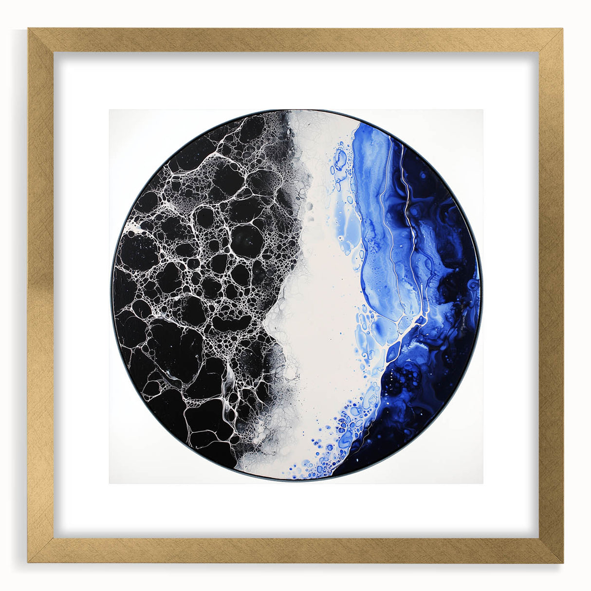 Abstract geometric frame with a gold mat, showcasing a modern design, perfect for contemporary decor. Ideal for enhancing art displays or home interiors.
