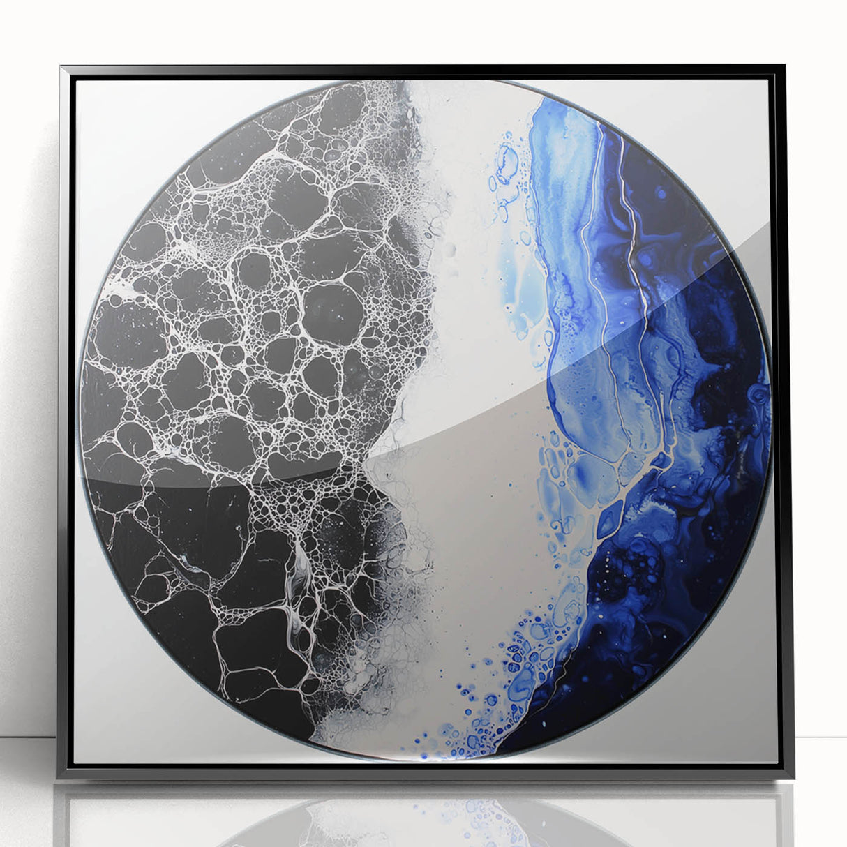Framed abstract geometric art piece featuring bold black shapes and lines on a transparent acrylic surface, ideal for modern interior decor.