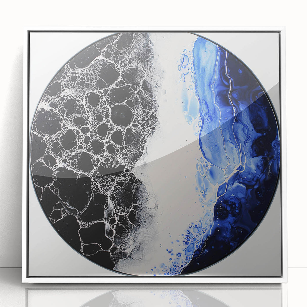 Abstract geometric art piece framed in white acrylic, showcasing vibrant shapes and colors, perfect for modern home decor to enhance any room's aesthetic.