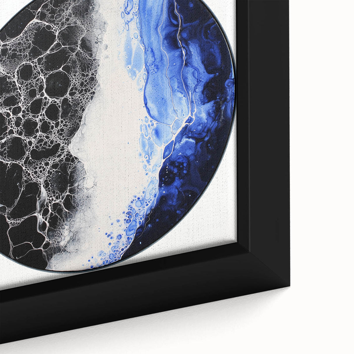 Close-up of an abstract geometric framed canvas art piece, showcasing vibrant colors and intricate patterns, ideal for modern home decor and artistic expression.
