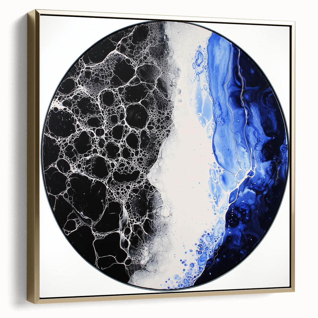 Abstract geometric framed canvas artwork in silver and gold, showcasing intricate shapes and patterns, ideal for modern home decor or office aesthetics.