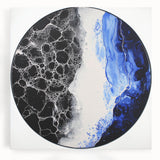 Abstract geometric canvas art in vibrant shades of blue, orange, and yellow, showcasing a modern design perfect for contemporary home decor. Ideal for adding a splash of color and sophistication to any room.