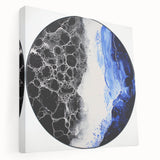 Abstract geometric stretched canvas artwork in vibrant colors, showcasing dynamic shapes and patterns, perfect for modern home decor or office spaces.