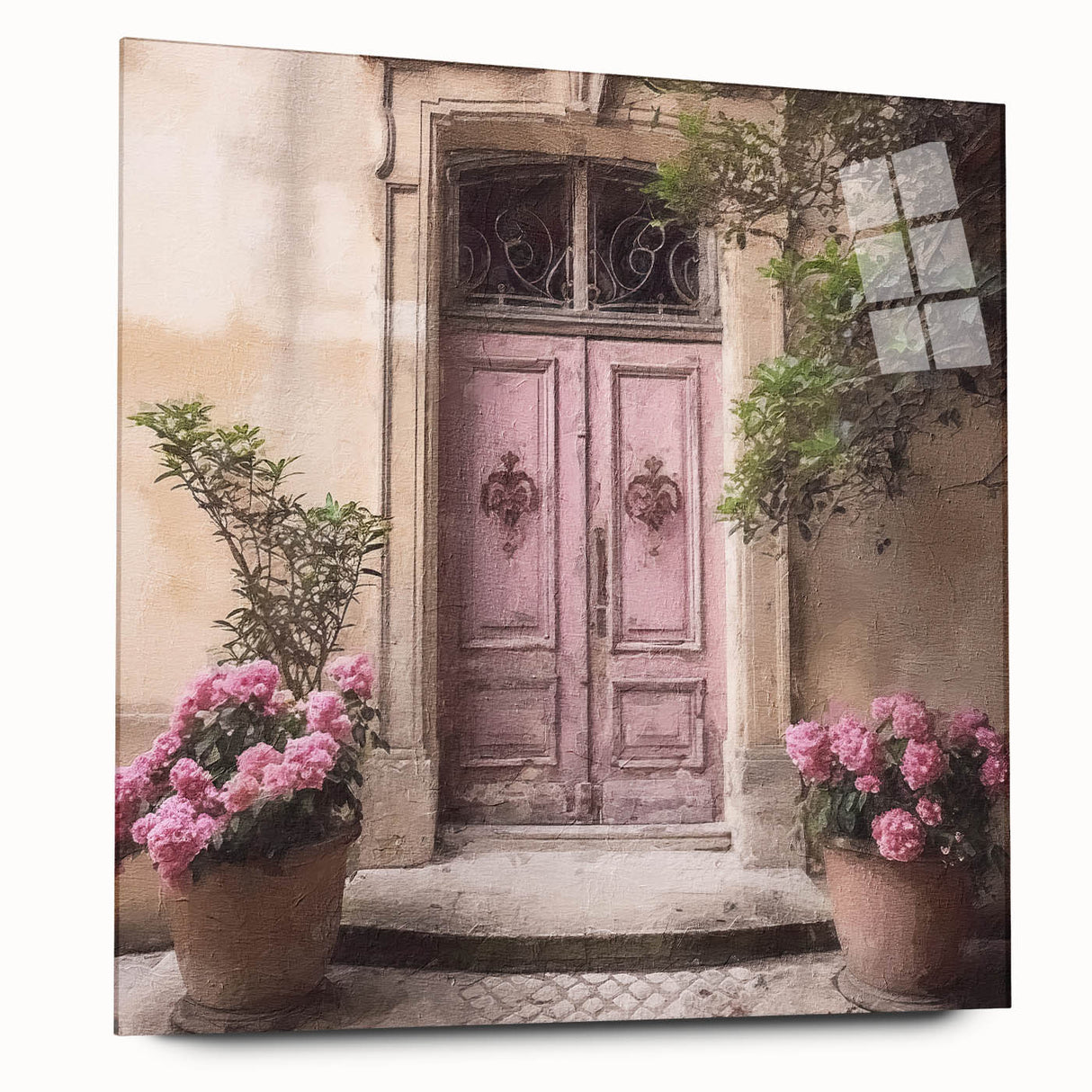 Large abstract wall art featuring a minimalist French door design in muted gray, acrylic glass.