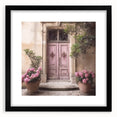 Extra large abstract art print featuring a colorful, textured portrayal of a French door, in a black frame with mat.
