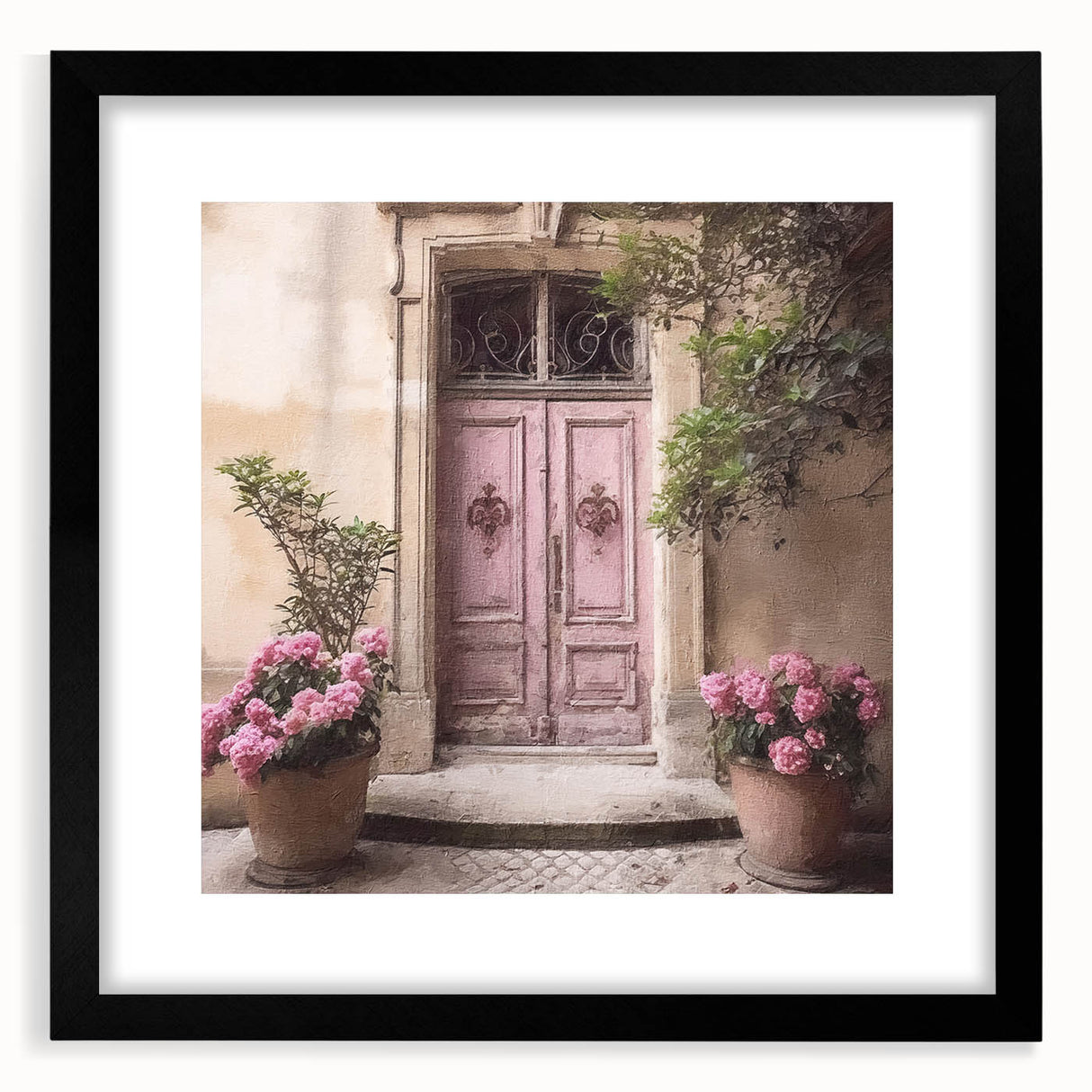 Extra large abstract art print featuring a colorful, textured portrayal of a French door, in a black frame with mat.