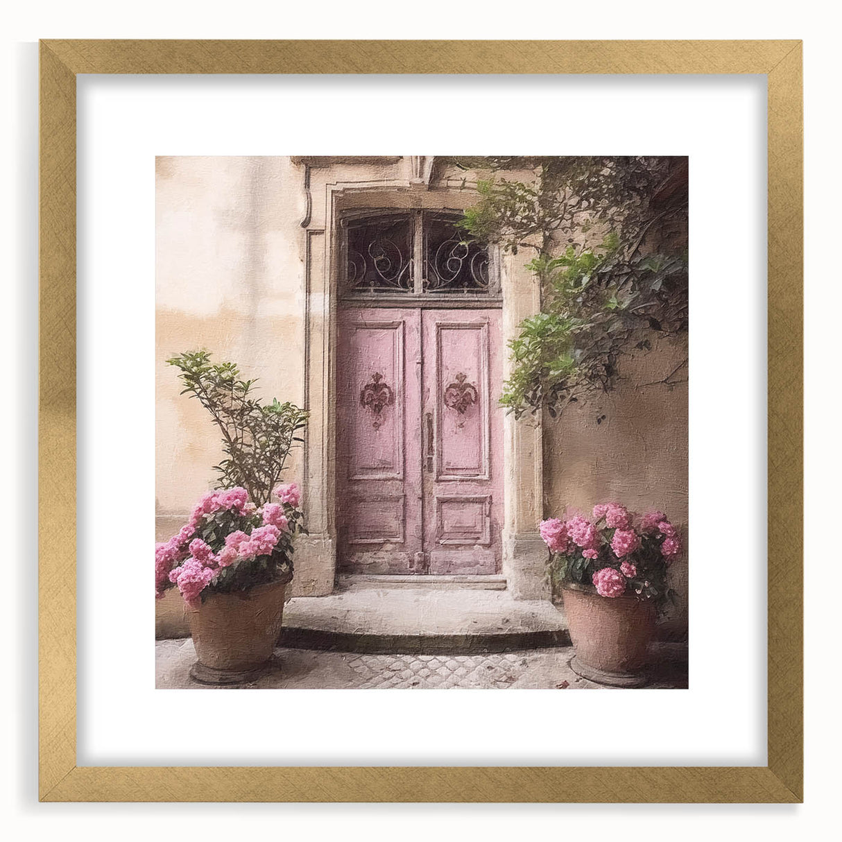 Extra large abstract art print of a textured French door, in muted gold and gray tones, framed with mat.