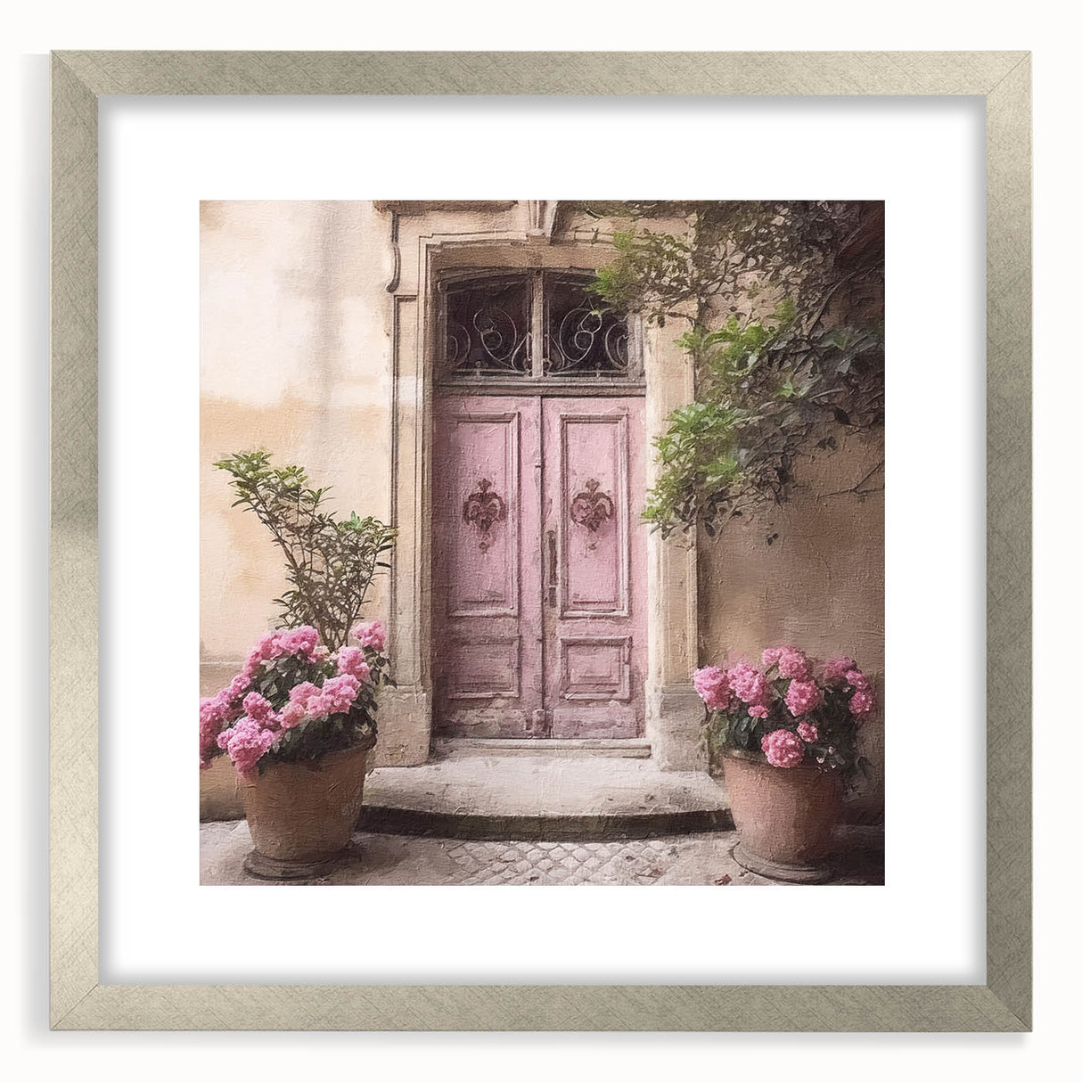 Textured abstract art print of a French door, in muted gray tones on a silver-framed canvas, ideal for bedroom art.