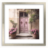 Textured abstract art print of a French door, in muted gray tones on a silver-framed canvas, ideal for bedroom art.
