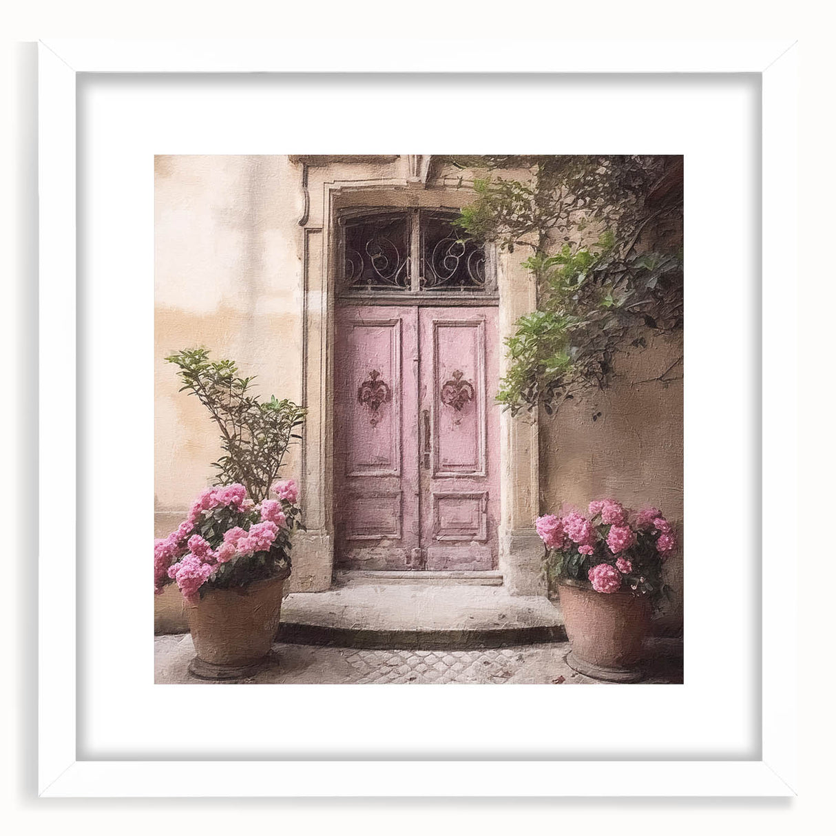 Abstract art print of a stylized French door, using muted gray tones, framed with a white mat, ideal for dining room decor.