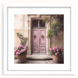 Abstract art print of a stylized French door, using muted gray tones, framed with a white mat, ideal for dining room decor.