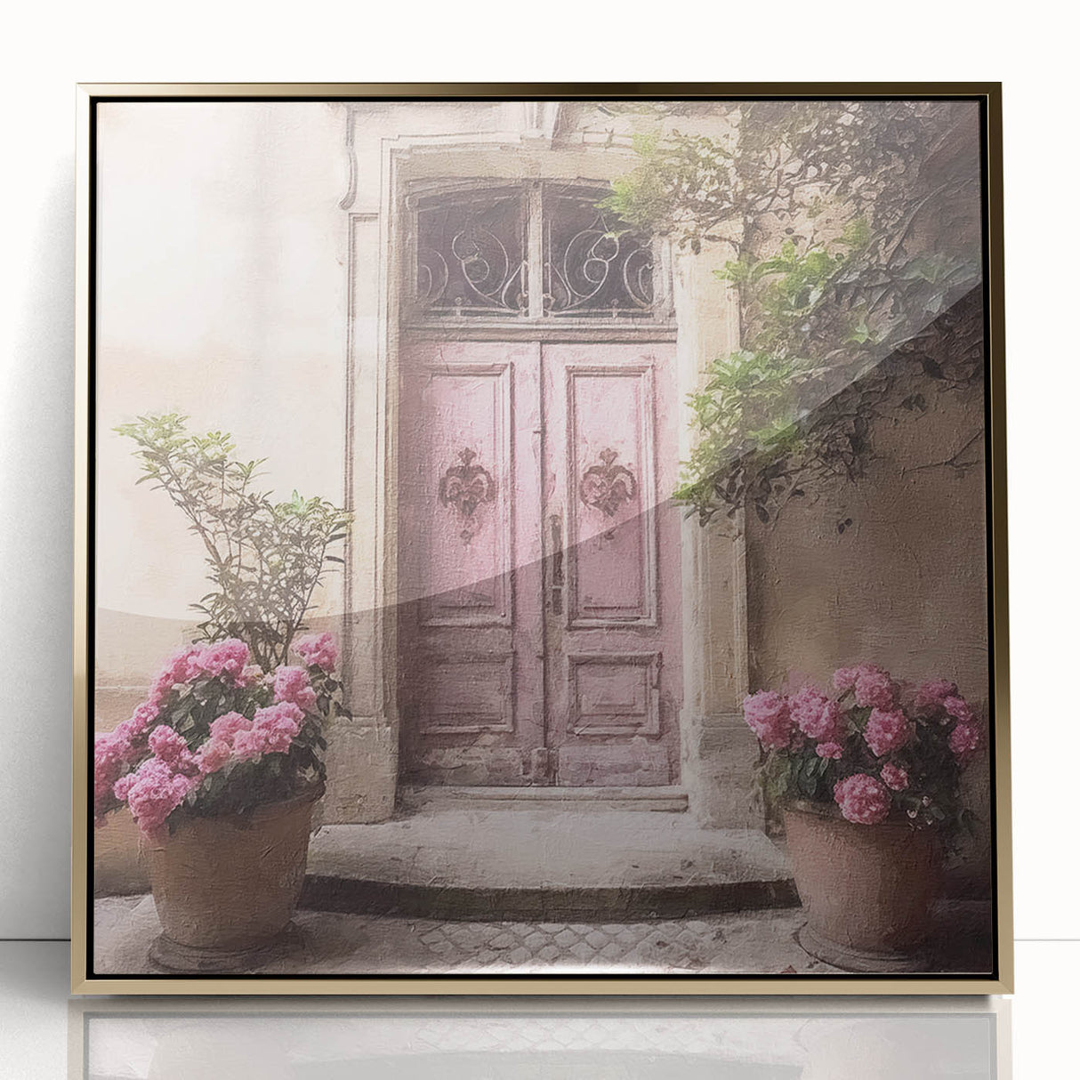 Mid-century modernist acrylic print of a French door in gold tones, ideal for modern art wall decor.
