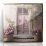 Mid-century modernist acrylic print of a French door in gold tones, ideal for modern art wall decor.