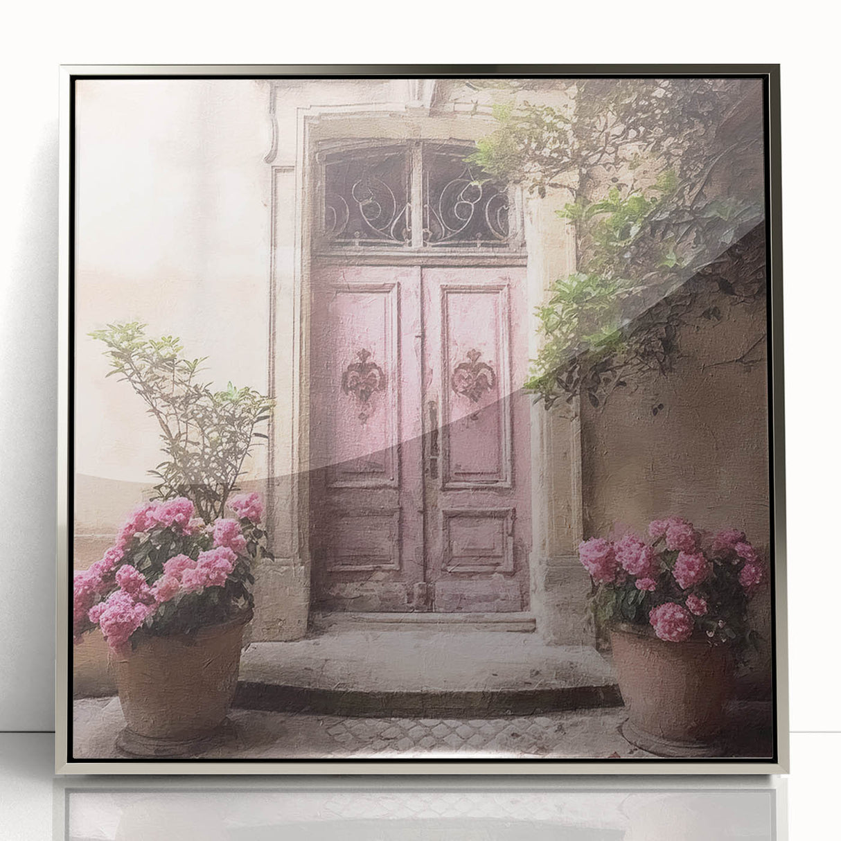 Mid-century modernist art of a French door, depicted in acrylic with a silver frame, suitable for nursery or modern decor.