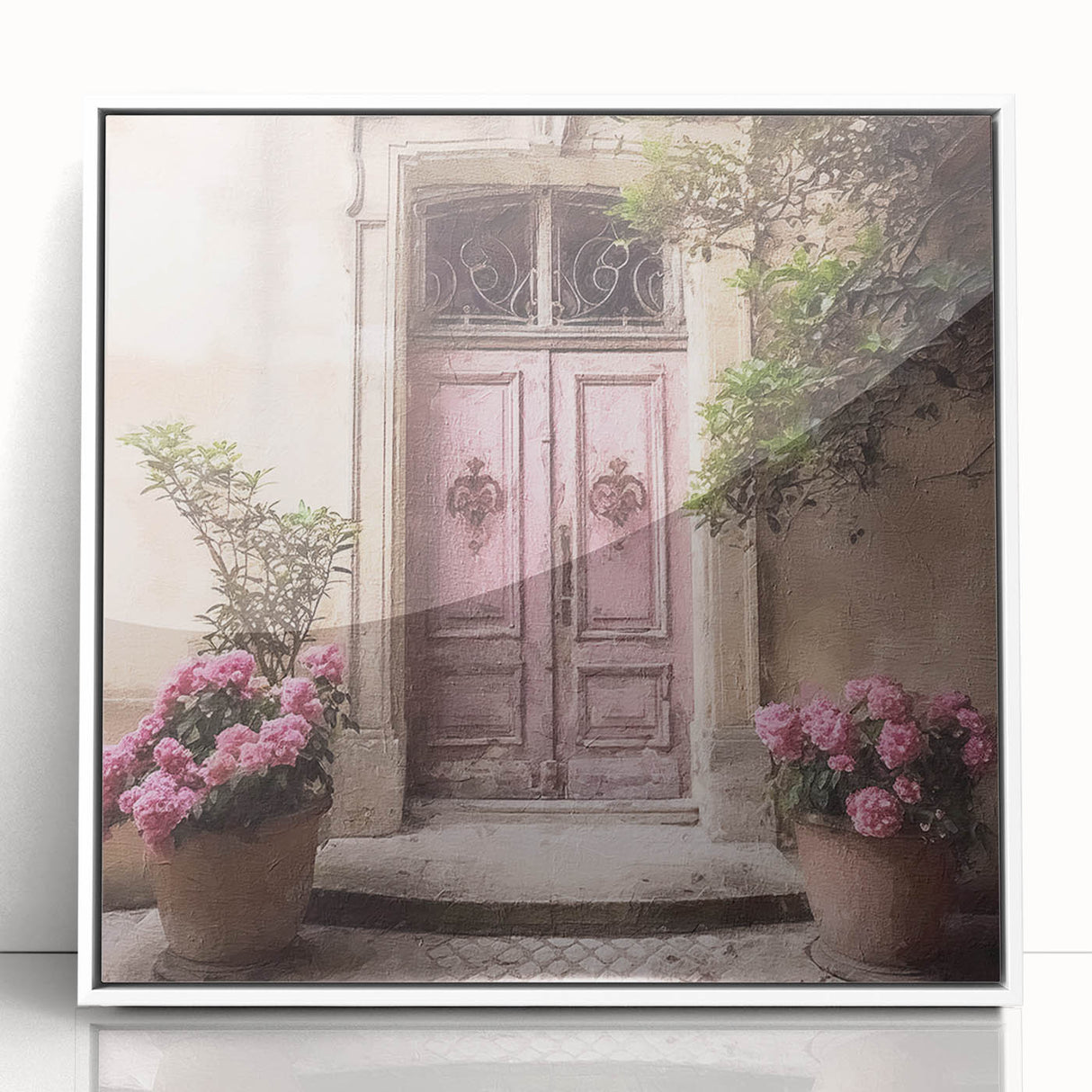 Art deco style poster of a French door architecture in muted shades, framed acrylic print ideal for nursery wall art.