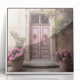 Art deco style poster of a French door architecture in muted shades, framed acrylic print ideal for nursery wall art.