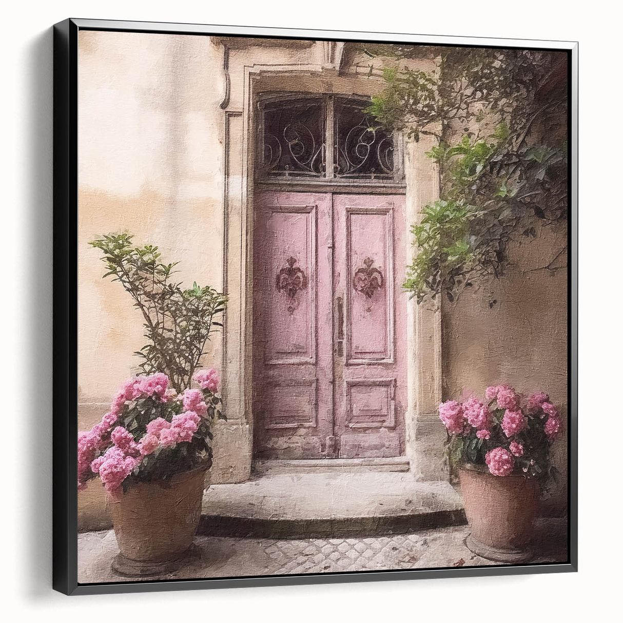 Black and white vintage poster art of a French door architecture on framed canvas, ideal for bedroom wall decor.