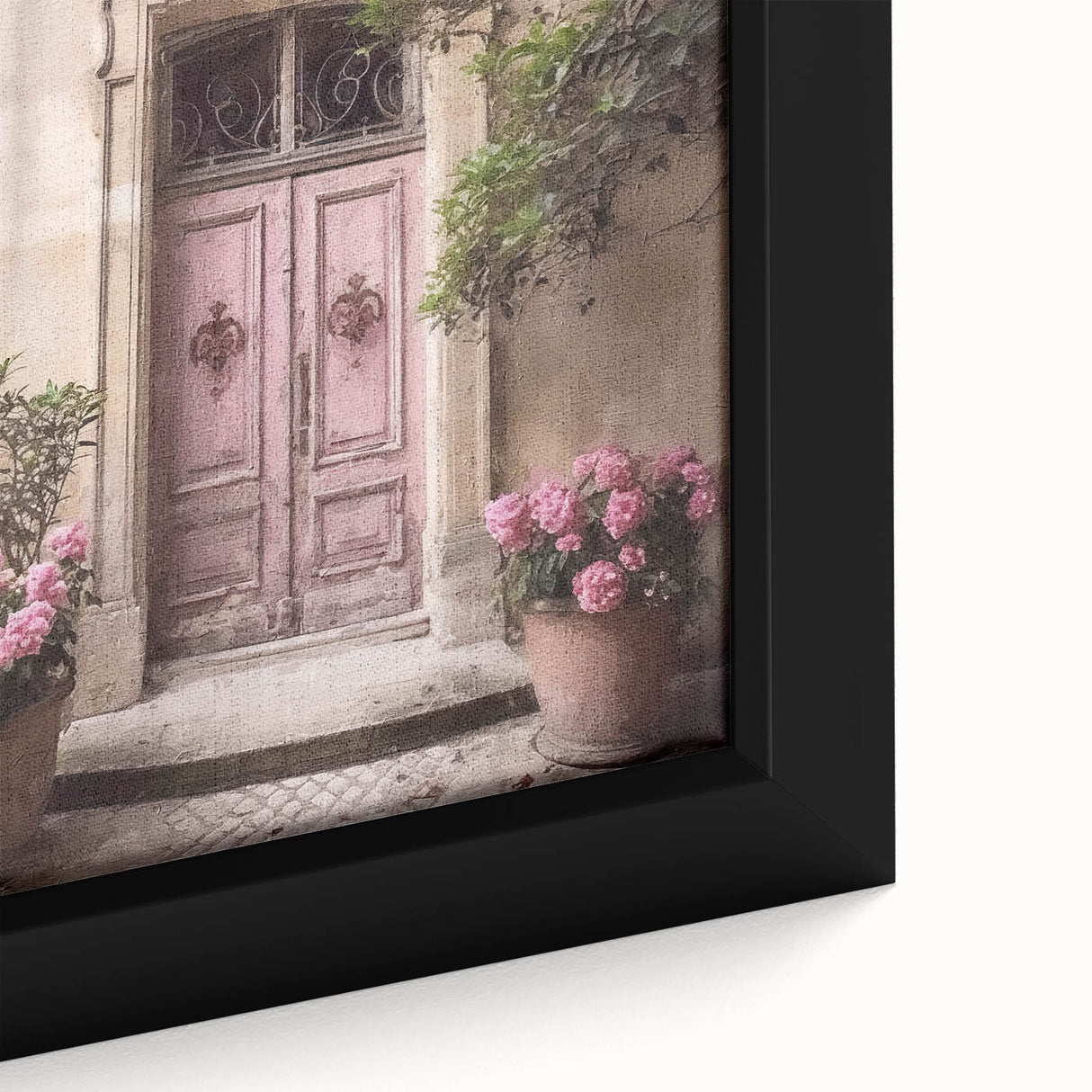 Close-up of a black framed canvas featuring a textured, colorful depiction of a French door, ideal for living room decor.